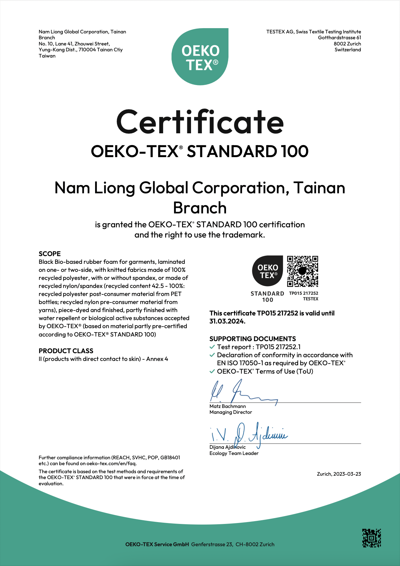 dengan sertifikasi Oeko-Tex Standard 100®