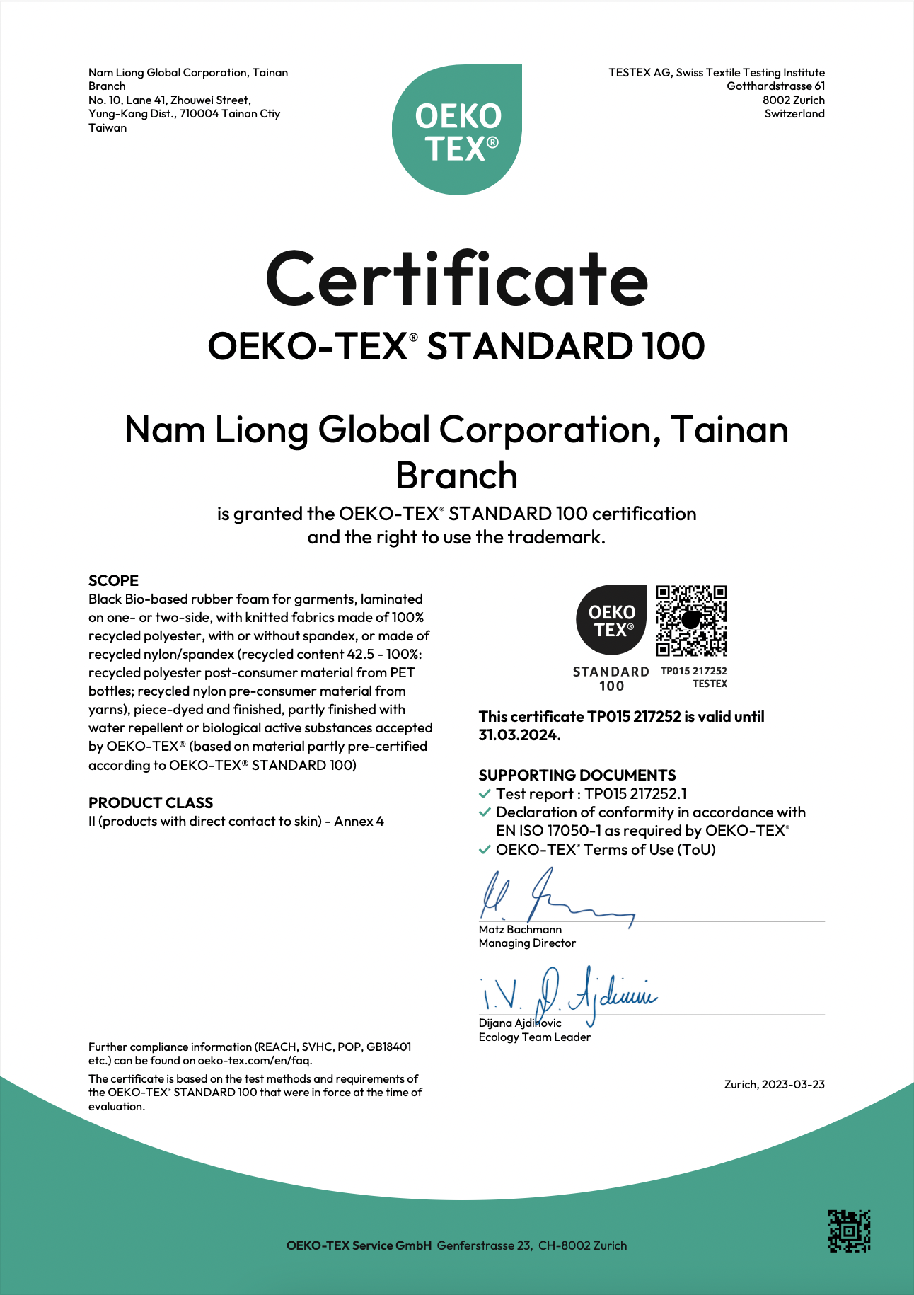 avec certification Oeko-Tex Standard 100®