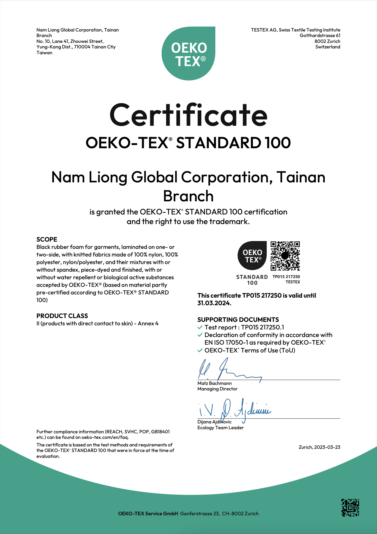 Oeko-Tex Standard 100® certification passed.